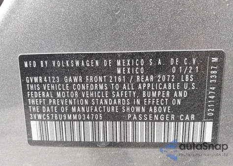 2021 Volkswagen Jetta 1.4T R-Line/1.4T S/1.4T Se from USA, damaged, VIN 3VWC57BU9MM034705